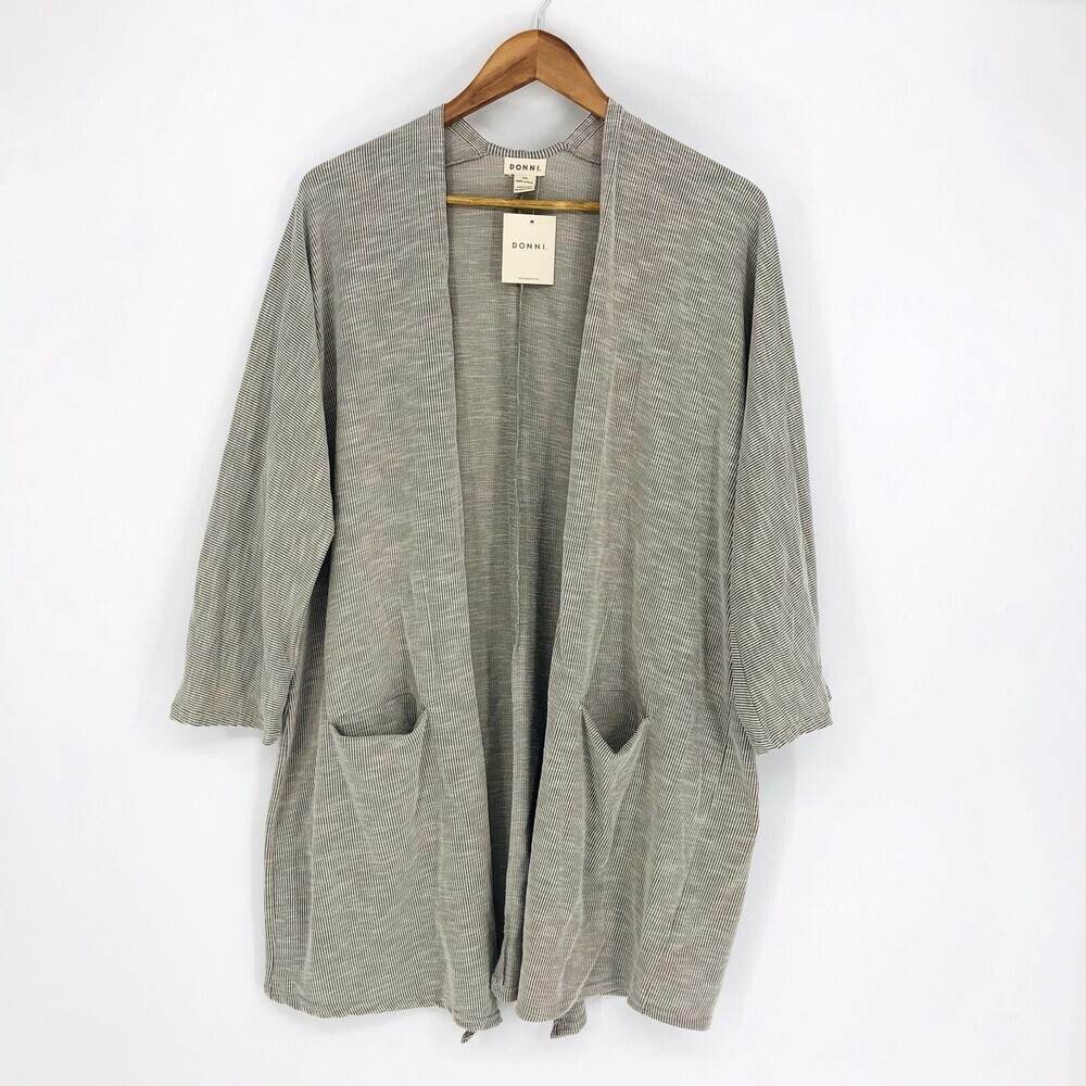 Donni Verticle Stripe Open Front Cardigan 3/4 Sleeve W/ Pockets Grey OSFA Tall